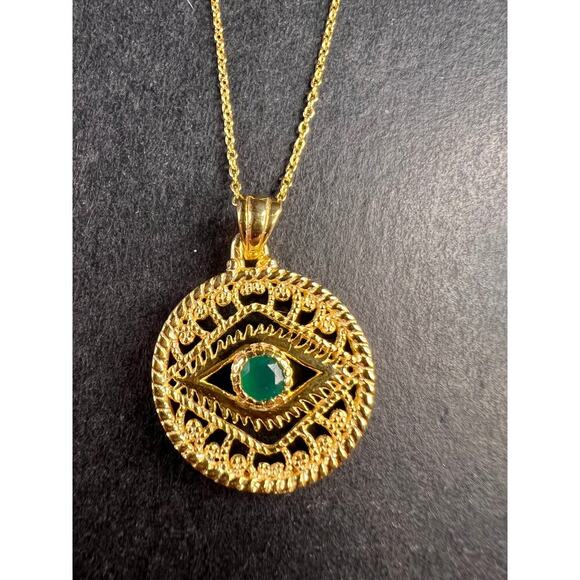 NEW Green onyx evil eye pendant and chain in gold over sterling silver - Picture 1 of 13